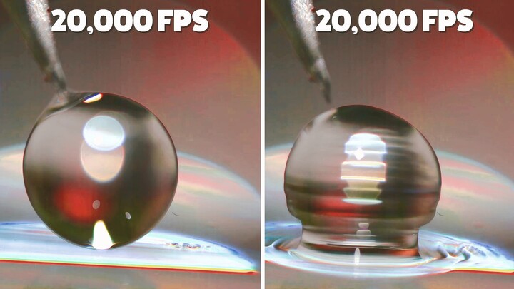 How small can water droplets become when filming at 20,000 frames per second?