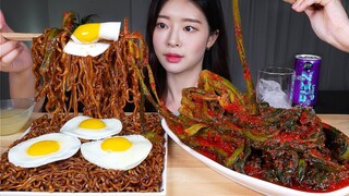 ASMR MUKBANG | 여수에서 사온 알싸한 갓김치에 짜파게티 싸악 🤤 먹방! BLACK BEAN NOODLE & MUSTARD GREENS KIMCHI (GAT KIMCHI)