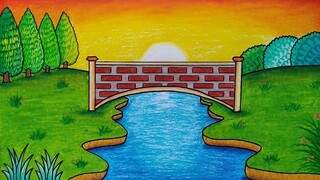 Menggambar pemandangan alam dan sungai || Belajar menggambar dan mewarnai yang mudah