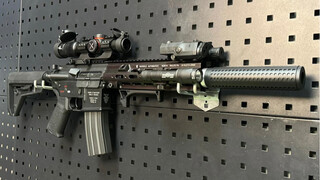 「HK416金属机匣版」搭配：金属10.5寸smr鱼骨，金属快插蜂窝消音，金属hhs组合瞄，金属c600爆闪手电，弹道微调跑分75秒速30。