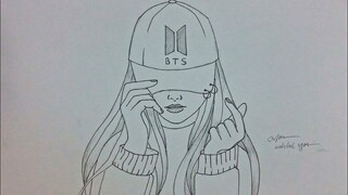 MENGGAMBAR ANIME CEWEK PAKAI TOPI BTS