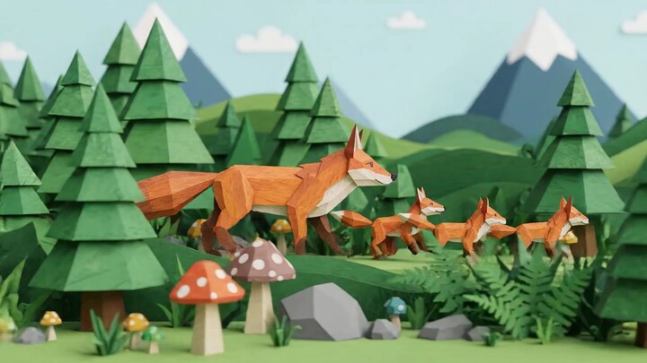 Red fox family exploring forest with mushrooms and mountains