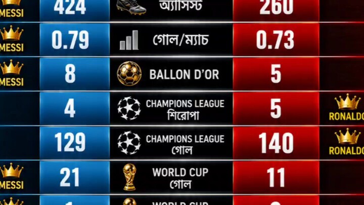 ⚔️ Messi vs Ronaldo — কে কোথায় এগিয়ে?