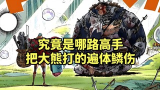大熊守护草帽一伙的船只时，是哪路高手把他打的遍体鳞伤？