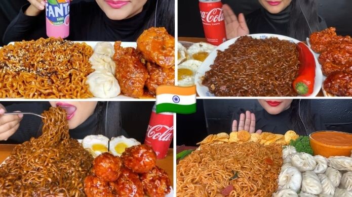 ASMR EATING SPICY NOODLES, MOMOS, HALF FRIED EGG AND FRIED CHICKEN🩷