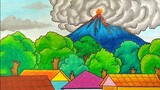 Menggambar gunung meletus || Menggambar tema bencana alam