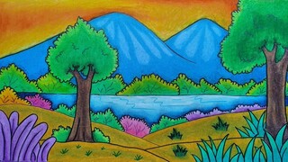 Menggambar pemandangan gunung||Cara menggambar gunung||Belajar menggambar dan mewarnai untuk pemula