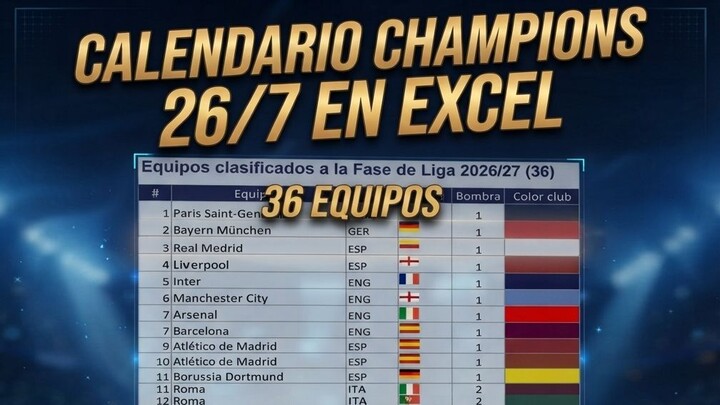 ¡El Mejor Calendario de la Champions League 2026/27 en Excel! (Fase de Liga)