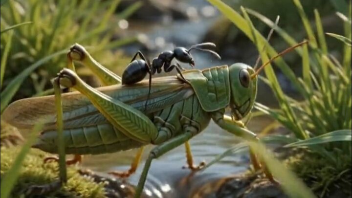 Ant Rides a Grasshopper Across the Stream 🐜🦗