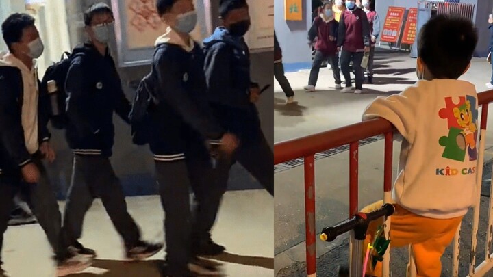 5-year-old弟弟 picks up his older brother from school, shouting “Brother!”—a whole group of students r
