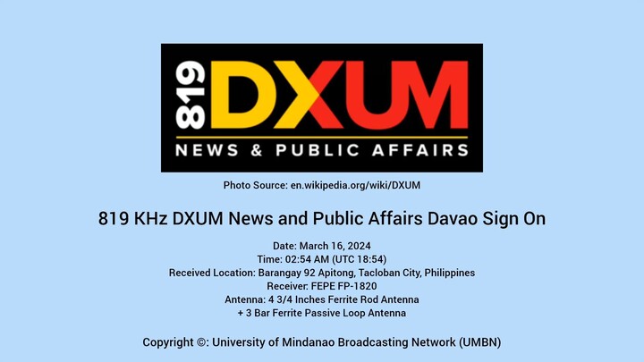 819 KHz DXUM News and Public Affairs Sign On (March 16, 2024, 02:54 AM)