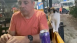 While the middle-aged man was eating, a cat came over asking for food.