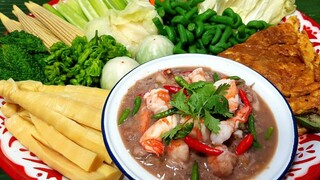 น้ำพริกกะปิกุ้งโสด ไข่เจียวมะเขือยาว ผักเยอะๆ Spicy Shrimp Paste Dip with shimp