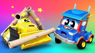 Video truk untuk anak-anak - Tolong, Truk Super! Buldoser tersangkut! - Truk Super di Kota Mobil!