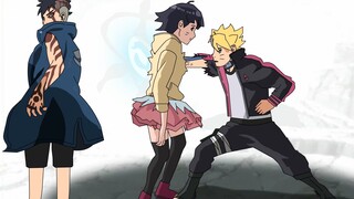 Himawari menahan serangan fatal Boruto pada Kawaki.