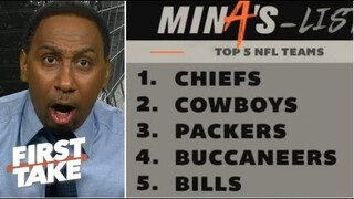 FIRST TAKE | Stephen A. take down MinA's List: Top 5 NFL Teams: 1. Chiefs . Cowboys 3. Packers