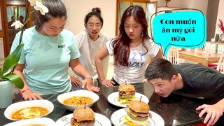 Bữa ăn chia 2 phe của gia đình, hamburger và mì gói, Mai le cuộc sống ở Pháp