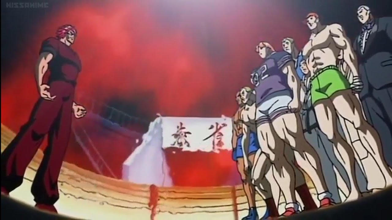 Baki fighting yuujiro hanma on a red fortress with flags and catapults