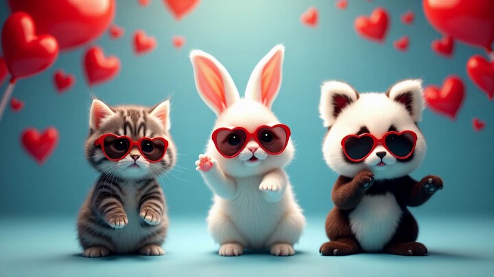 vecteezy a dancing cat-bunny and panda wearing red heart shaped