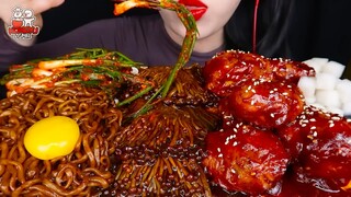 asmr mukbang truffle black Bean noodles, Enoki mushroom, spicy chicken