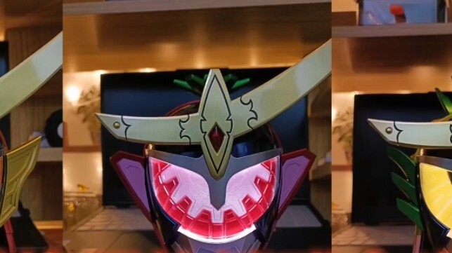 The big head sculpture of Gaim can be exchanged for three sets of armor, and the compound eyes are f