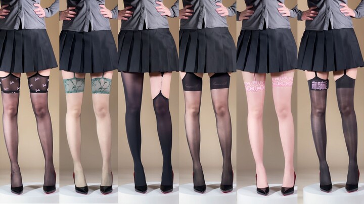 Comparison of how different styles of suspender stockings look when tried on – Laimi version [Bengbe