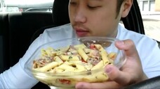 ASMR EATING SOUNDS - CHICKEN BACON PASTA SALAD AND ICED COFFEE MACCHIATO