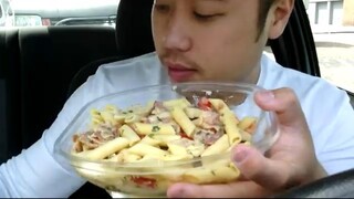 ASMR EATING SOUNDS - CHICKEN BACON PASTA SALAD AND ICED COFFEE MACCHIATO