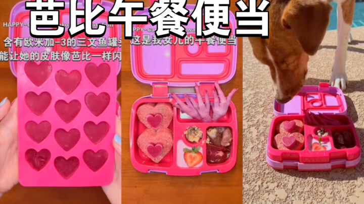 "This is puppy Riley's lunchbox—today's theme is Barbie!"