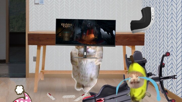 Banana Cat broke his computer while gaming, and Doll helped fix it.