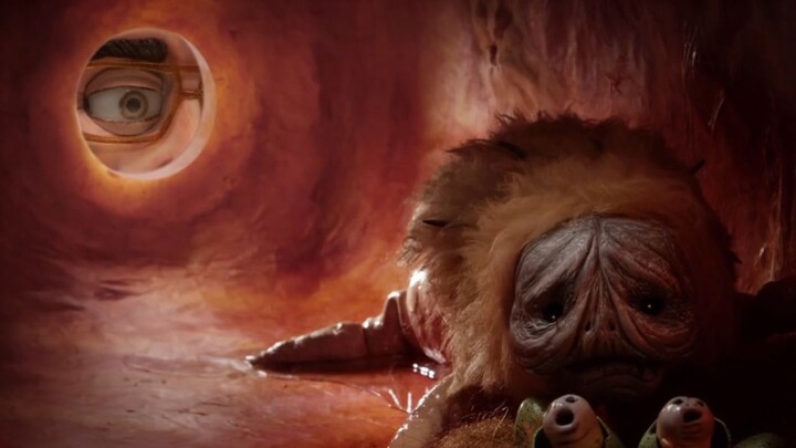 Absurd animation: There is a hole in the back of the man's head. Not only does a monster live in it,