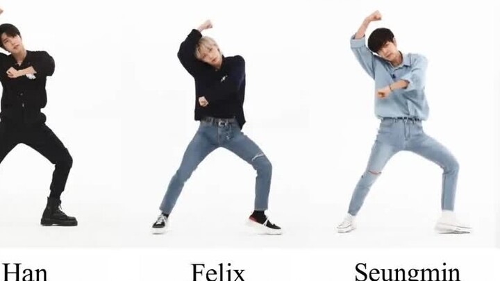Stray Kids 'Back Door' members' dance comparison on screen (Han, Felix, Seungmin, IN)