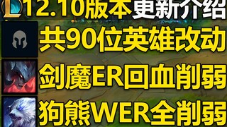 12.10版本更新介绍：共90位英雄改动!剑魔ER回血削弱,鳄鱼Q回血削弱!预计5.26号上线国服,敬请期待！