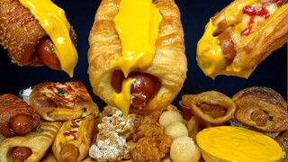 ASMR MUKBANG GOURMET HOT DOGS, EXTRA CRISPY CHICKEN, CHEESE BALLS & ONION RINGS | WITH CHEESE