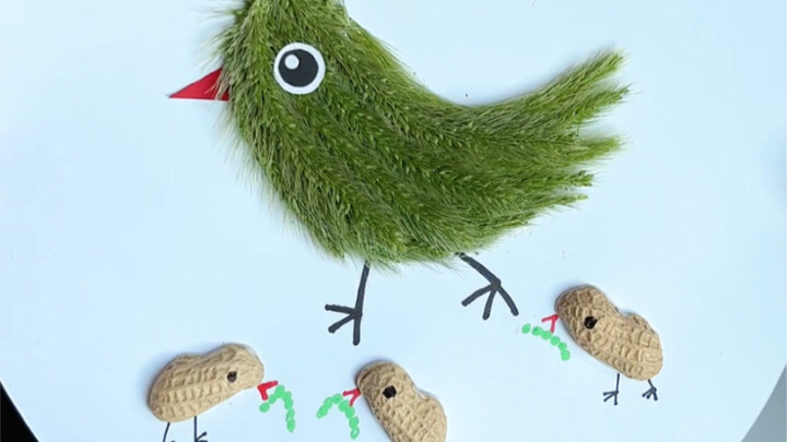 Create a creative collage of a mother hen with her chicks using foxtail grass and peanut shells.