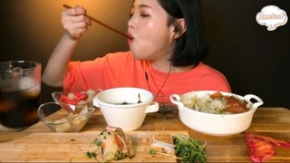 Cơm cá hồi, sushi cá hồi, kim chi trắng, canh rong biển 6 #amthuc