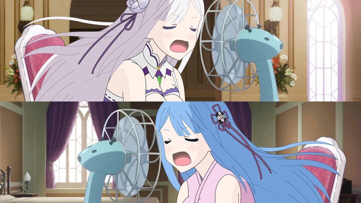 Swimsuit Emilia and Long-haired Rem are just blowing fans together