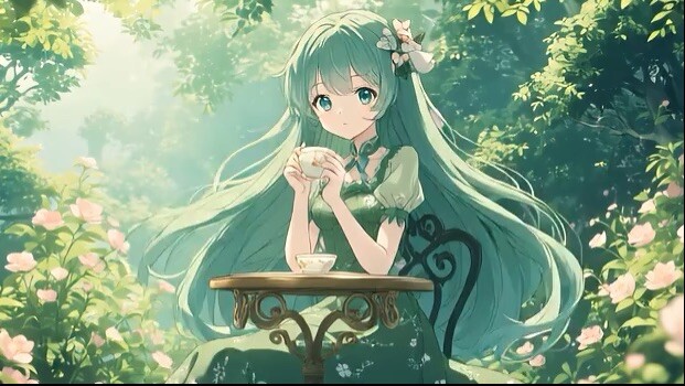 Anime girl who is drinking tea