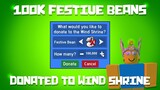 donating 100k festive beans to wind shrine | bee swarm simulator 2022