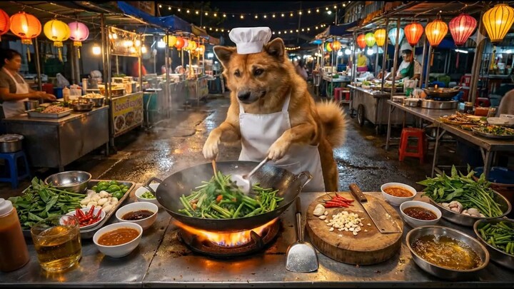 เชฟหมาไทยผัดผักบุ้งไฟแดง 🔥 | Thai Dog Chef Cooking ASMR
