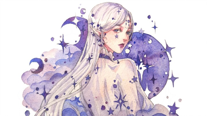 [Watercolor coloring] Draw a girl surrounded by nebulae