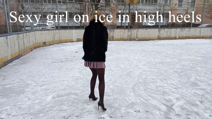 SEXY GIRL slides on the ICE in thin SMOOTH HEELS