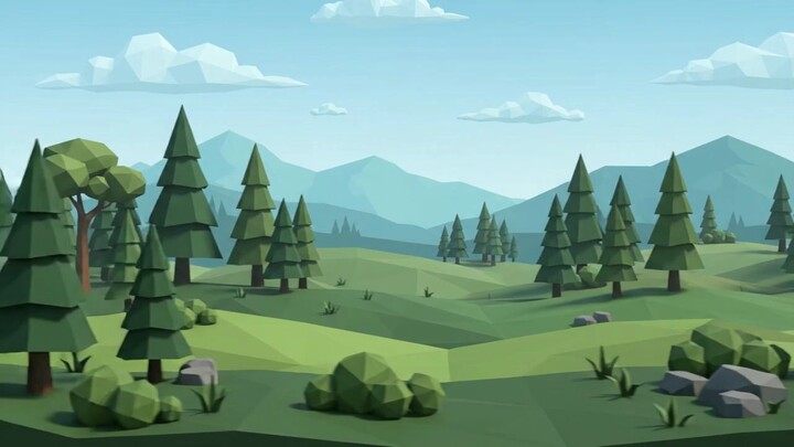 Low-poly forest landscape with rolling hills and pine trees under cloudy sky