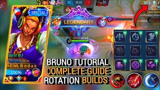 BRUNO TUTORIAL, COMPLETE GUIDE, ROTATION AND BUILDS | BRUNO BEST BUILD 2021 - MASTER BODAK MLBB