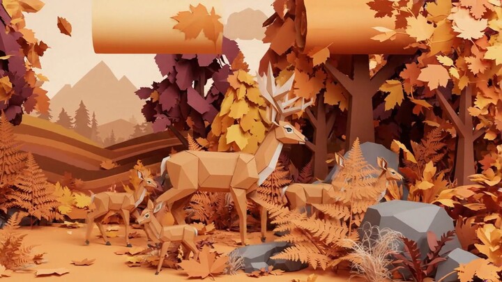 Deer family walking autumn forest with falling leaves