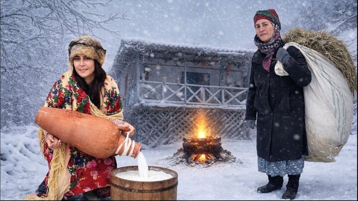 Village-on-a-snowy-day-Cooking-on-the-st