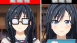 Penampilan karakter wanita saat dia memakai kacamata dibandingkan dengan penampilannya setelah melep