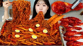 ASMR MUKBANG| 직접 만든 불닭 짜장 떡볶이 양념치킨 먹방 & 레시피 FRIED CHICKEN AND FIRE Tteokbokki EATING