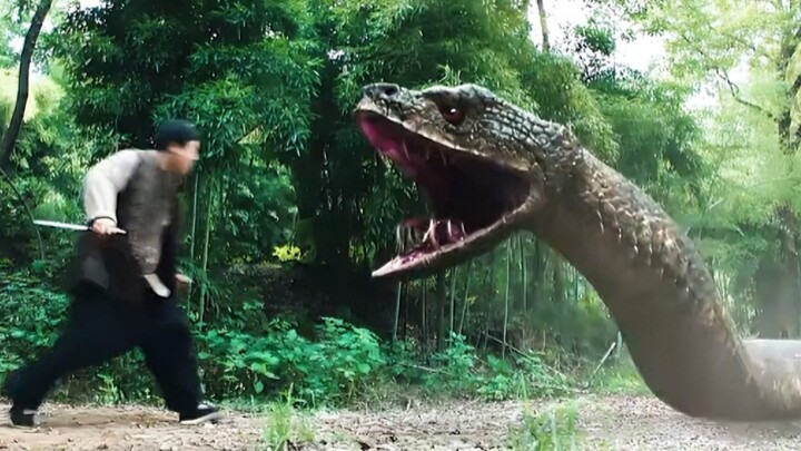 Seorang pria berusaha menangkap ular piton raksasa dengan menyebarkan belerang di mulut gua ular, la