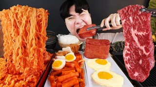 ASMR MUKBANG 열라면 & 스테이크 & 떡볶이 & 치즈 통스팸 FIRE Noodle & STEAK & CHEESE SPAM EATING SOUND!